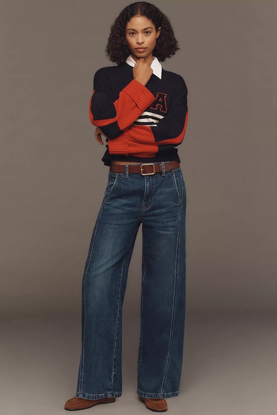Anthropologie Dark Blue Wide-Leg Jeans with Brown Belt